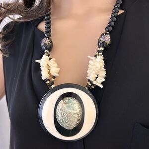 Vintage Black and White Beaded Necklace with Abalone Shell Inlay Pendant